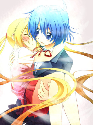 Anime hugging girls blue hair - neoromanticism free wallpaper