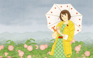 Woman yellow raincoat umbrella field - serial art free wallpaper