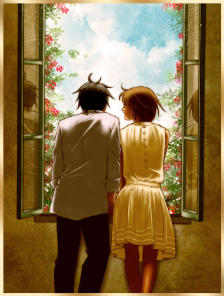Romantic illustration man woman flower - outside free wallpaper