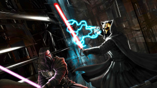 Dark duel glowing swords men - a light saber free wallpaper