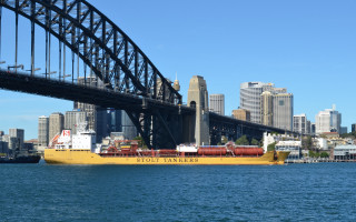 Large yellow boat water bridge - australian tonalism free wallpaper