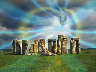 Rainbow colored sky stonehenge field - psychedelic art free wallpaper