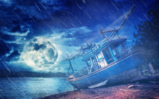 Boat shore rain night full - full free wallpaper