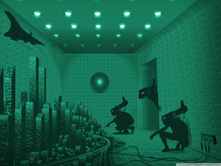Green lights cat man room - dystopian art free wallpaper