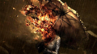 Woman umbrella rain fire leaves - concept art free wallpaper