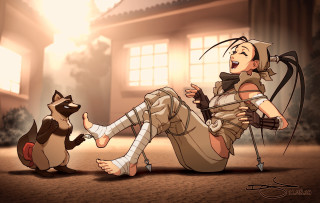 Woman sitting ground cat raccoon - ada gladys killins free wallpaper
