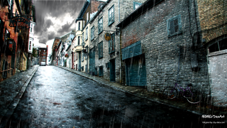 Rainy street brick building bicycle - evgeny lushpin free wallpaper