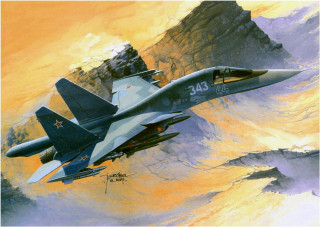 Fighterjet mountain sky clouds oilpainting - a painting of a fighter free wallpaper