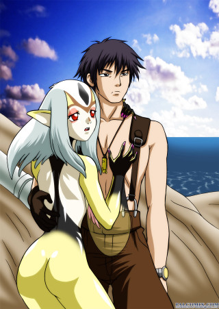 Man woman ocean sky background - anime visual free wallpaper