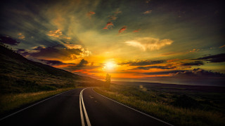 Road sunset clouds sky tree - the side of the road free wallpaper