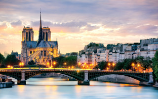Bridge river cathedral dusk lights - art noveau free wallpaper