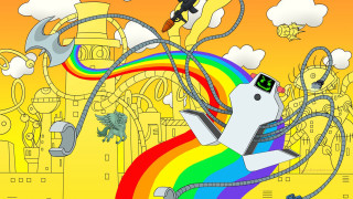 Cartoon character flying rainbow roller - psychedelic free wallpaper for desktop