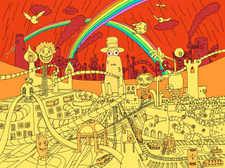 City rainbow sky drawing artwork - psychedelic art free wallpaper