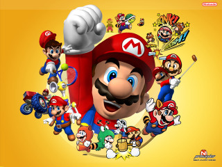 Mario bros characters yellow background - free happy birthday wallpaper for desktop