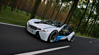 White blue car forest road - a forest of trees and grass free wallpaper