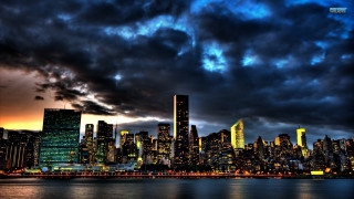 City skyline night reflection moon - ashcan school free wallpaper