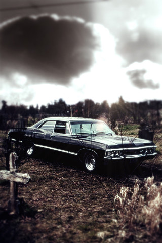 Black car field cross tree - free retro wallpaper