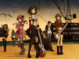 Anime girls group building crane - a crane in the background free wallpaper