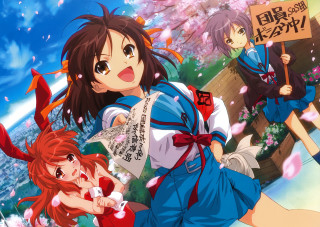 Anime girls tree pink flowers 5 - sots art free wallpaper