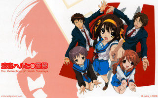 Anime characters pose red background - a group of anime characters free wallpaper