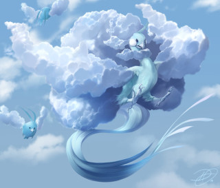 Blue dragon flying clouds birds - a blue dragon free wallpaper