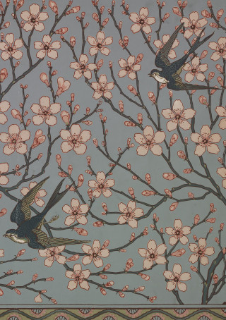 Birds flying tree flowers border - a silk screen free wallpaper