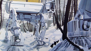 Robot snow trees yellow building - rich free wallpaper