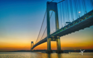 Bridge water sky plane sunset - a matte painting free wallpaper for desktop