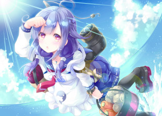 Anime girl blue hair flying - her arm behind her head free wallpaper