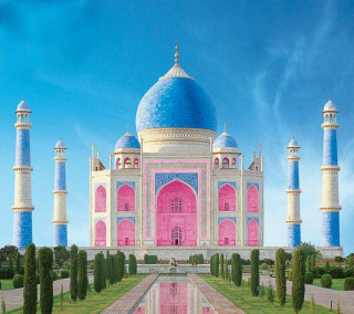 Pink blue building fountain trees - building free wallpaper