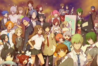 Group people purple sky stars 2 - above them free wallpaper
