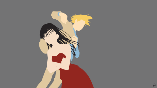 Man redshirt skateboard woman yellowhair - flat color free wallpaper