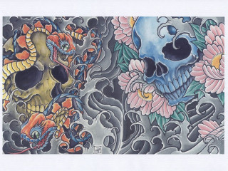 Skulls flowers dragon drawing white 2 - left free wallpaper