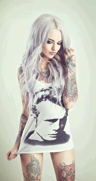 Woman tattoos white shirt man - her arm and legs free wallpaper