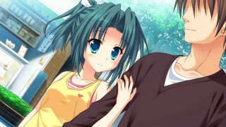 Anime couple building tree cityscape - a tree in the background free wallpaper