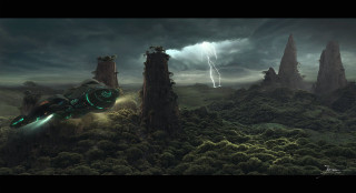 Futuristic sci fi flyer mountain - lightning free wallpaper