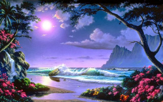 Beach full moon sky water 2 - matte fantasy painting free wallpaper