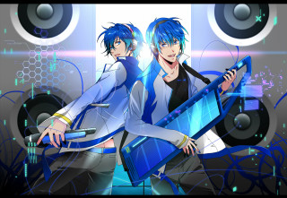 Blue haired boys headphones microphone - lineart free wallpaper