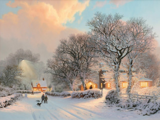 Snowy country road couple walking - a fine art painting free wallpaper