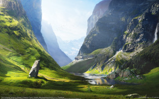 Valley waterfall mountain bird flying - fantasy art free wallpaper