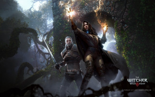 Man woman forest torches pointing - cedric peyravernay free wallpaper