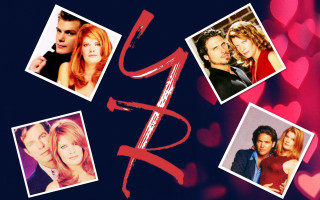 Friends cast collage blue hearts - a red ribbon free wallpaper