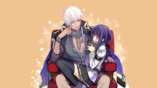 Anime couple sitting red chair - tarot card free wallpaper