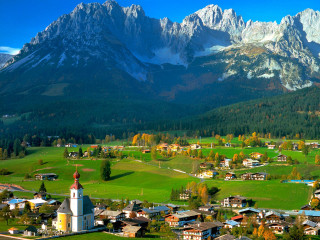 Small town church mountains background - florence engelbach free wallpaper