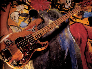 Wooden bass guitar skull flower - punk art free wallpaper