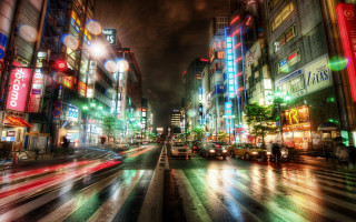 City street cars neon lights - expressionism free wallpaper