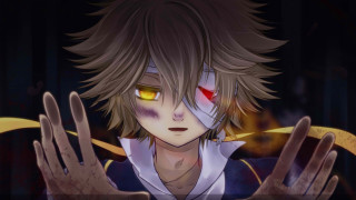 Man red eyes white shirt - both hand free wallpaper
