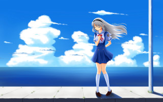 Girl short dress sidewalk pole - cloudy free wallpaper