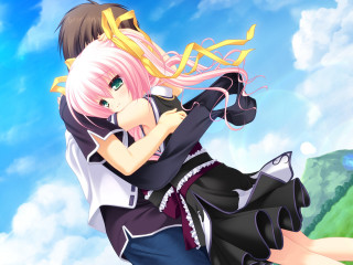 Anime couple hugging sky background - a sky background behind them free wallpaper