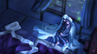 Woman sitting bed room window - a detailed drawing free wallpaper